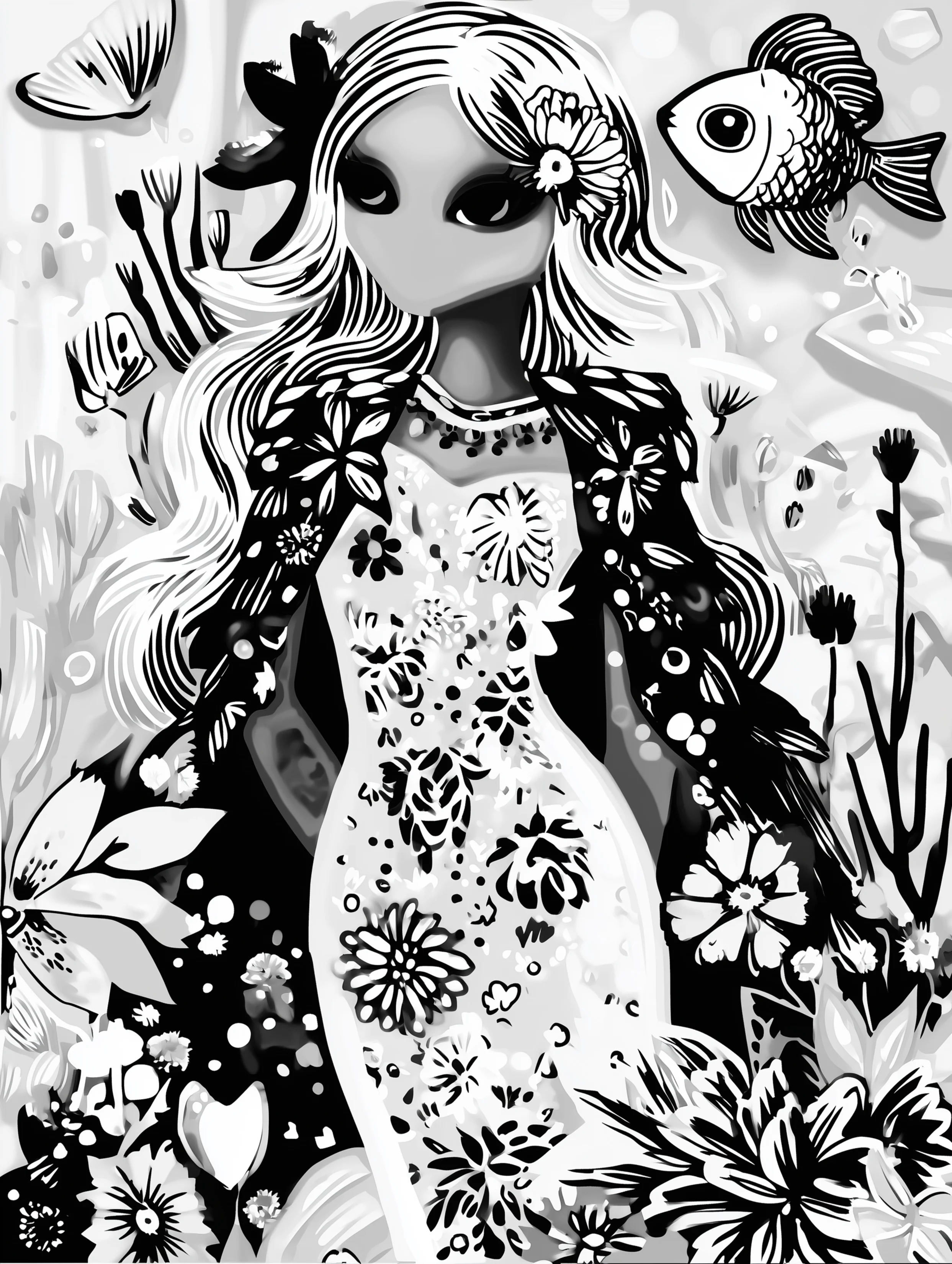 Free printable underwater coloring page for adults featuring a standing mermaid with fish